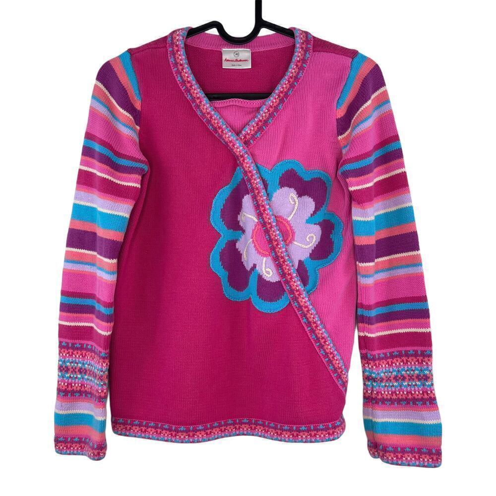 Hanna Andersson Vibrant Colorful Pink Striped Flower Wrap Sweater Size 140 / 10